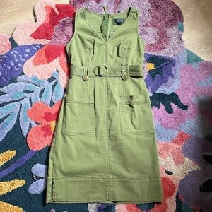 Olive Green Anthropologie Maeve Cotton Military Safari inspired Belted Dress